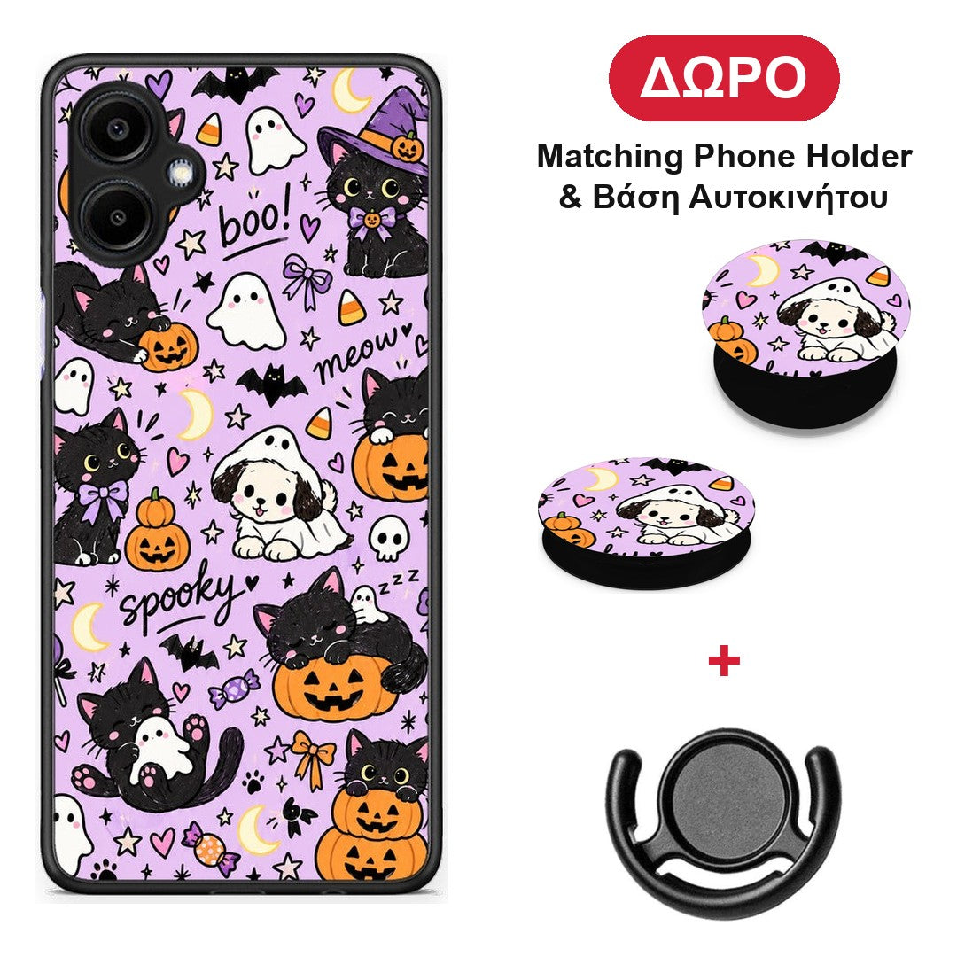 Halloween Black Cats on Lilac - Samsung Galaxy A06 θήκη + Δώρο Phone Holder & Βάση Αυτοκινήτου