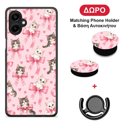 Kittens and Pink Bows on Pink - Samsung Galaxy A06 θήκη + Δώρο Phone Holder & Βάση Αυτοκινήτου