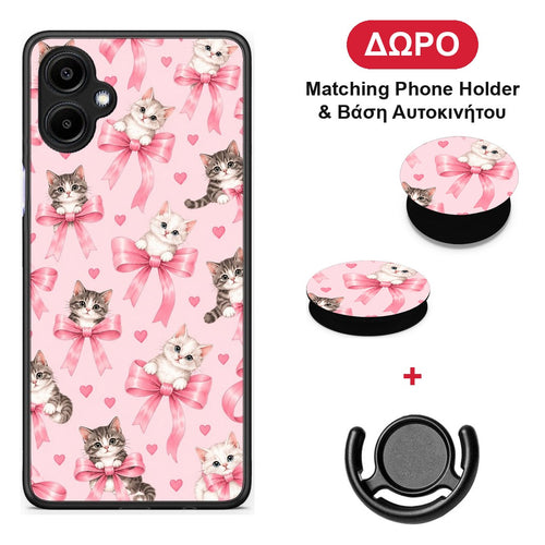 Kittens and Pink Bows on Pink - Samsung Galaxy A06 θήκη + Δώρο Phone Holder & Βάση Αυτοκινήτου