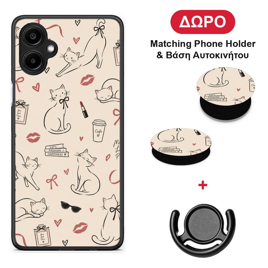 Minimal Cat and Fashion Doodles on Cream - Samsung Galaxy A06 θήκη + Δώρο Phone Holder & Βάση Αυτοκινήτου
