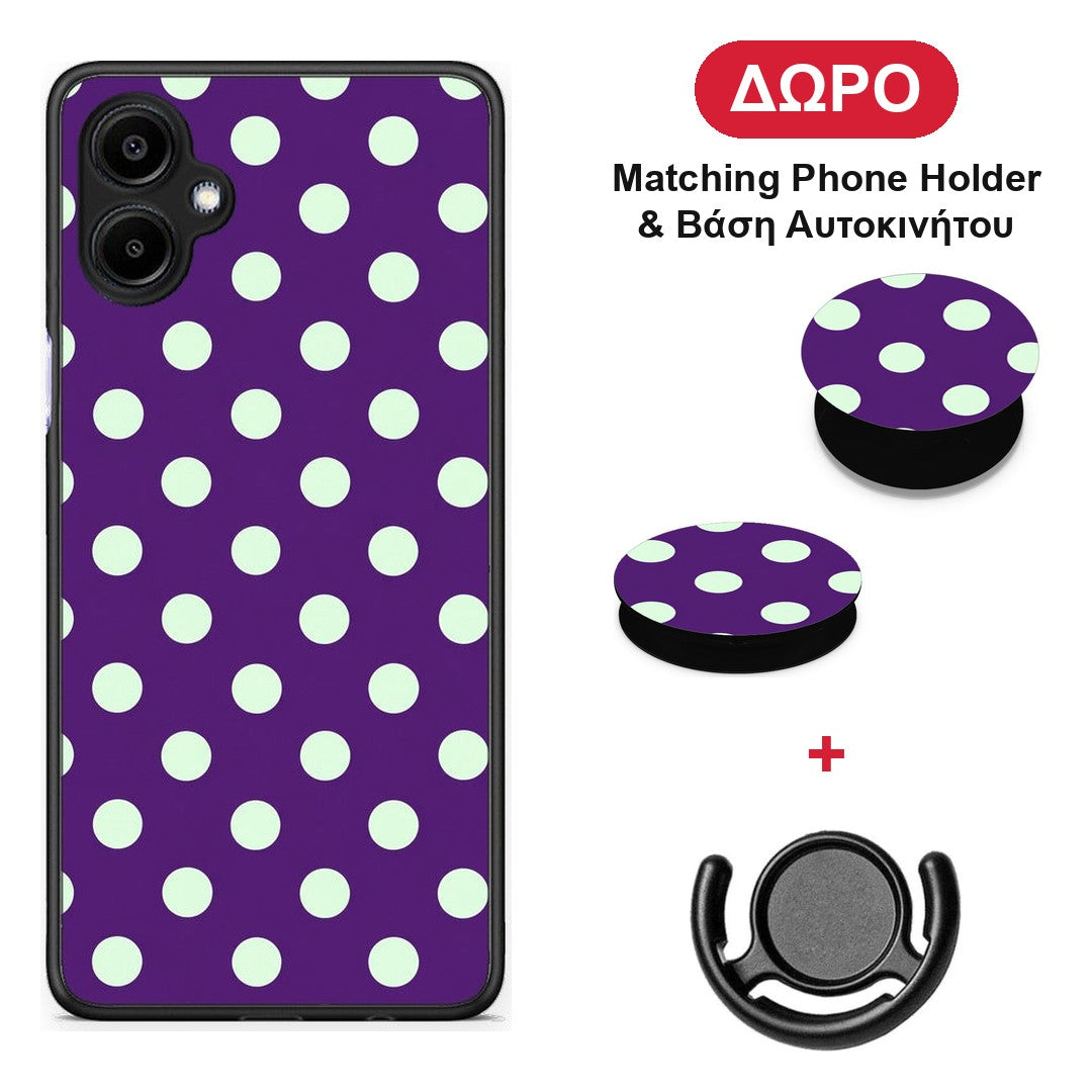 Mint Polka Dots on Purple - Samsung Galaxy A06 θήκη + Δώρο Phone Holder & Βάση Αυτοκινήτου