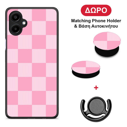 Pink and White Striped Checks - Samsung Galaxy A06 θήκη + Δώρο Phone Holder & Βάση Αυτοκινήτου
