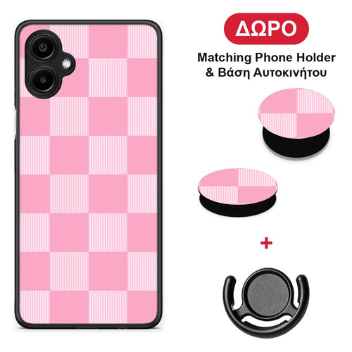 Pink and White Striped Checks - Samsung Galaxy A06 θήκη + Δώρο Phone Holder & Βάση Αυτοκινήτου
