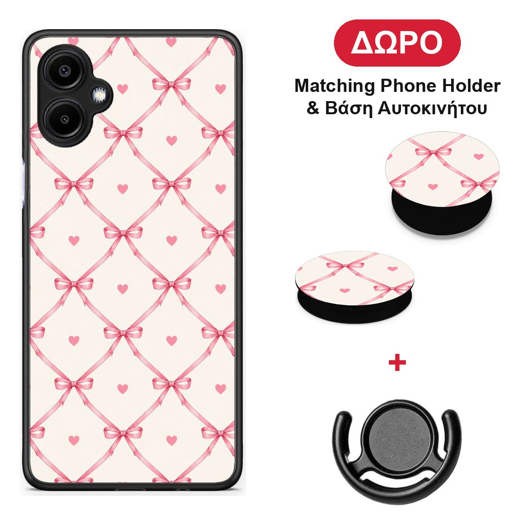 Pink Bow Lattice and Hearts on Cream - Samsung Galaxy A06 θήκη + Δώρο Phone Holder & Βάση Αυτοκινήτου
