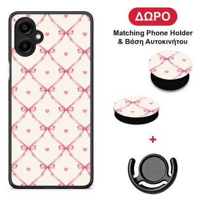 Pink Bow Lattice and Hearts on Cream - Samsung Galaxy A06 θήκη + Δώρο Phone Holder & Βάση Αυτοκινήτου