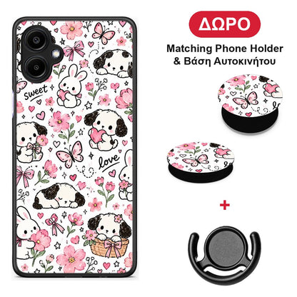 Pink Florals Puppies and Bunnies on White - Samsung Galaxy A06 θήκη + Δώρο Phone Holder & Βάση Αυτοκινήτου