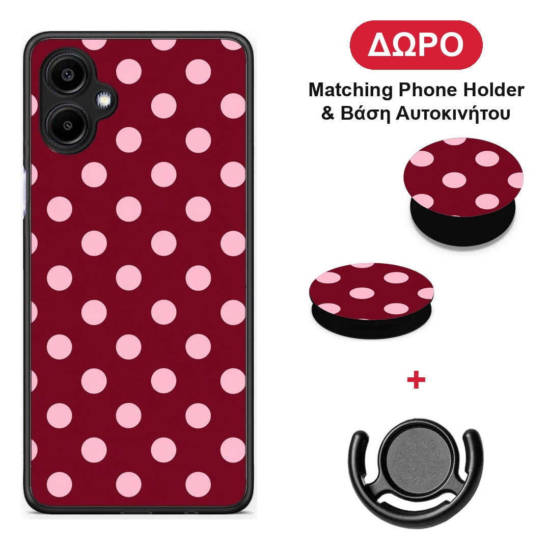Pink Polka Dots on Burgundy - Samsung Galaxy A06 θήκη + Δώρο Phone Holder & Βάση Αυτοκινήτου