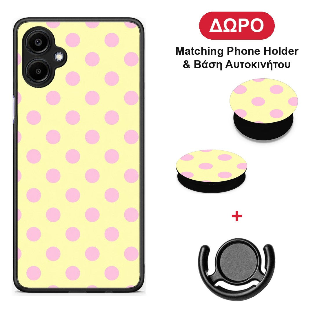 Pink Polka Dots on Yellow - Samsung Galaxy A06 θήκη + Δώρο Phone Holder & Βάση Αυτοκινήτου