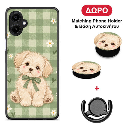 Puppy and Daisies on Sage Gingham - Samsung Galaxy A06 θήκη + Δώρο Phone Holder & Βάση Αυτοκινήτου