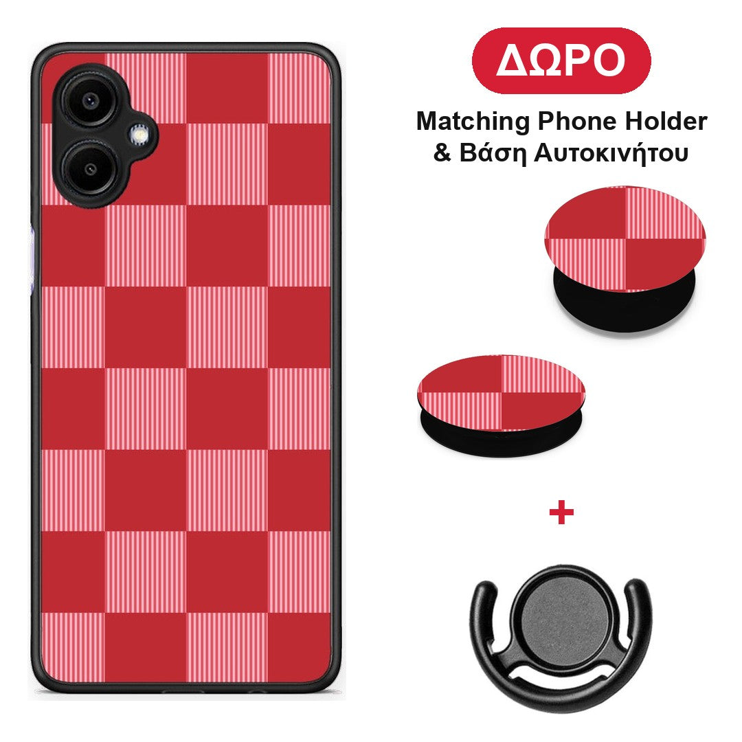 Red and Pink Striped Checks - Samsung Galaxy A06 θήκη + Δώρο Phone Holder & Βάση Αυτοκινήτου