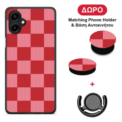 Red and Pink Striped Checks - Samsung Galaxy A06 θήκη + Δώρο Phone Holder & Βάση Αυτοκινήτου