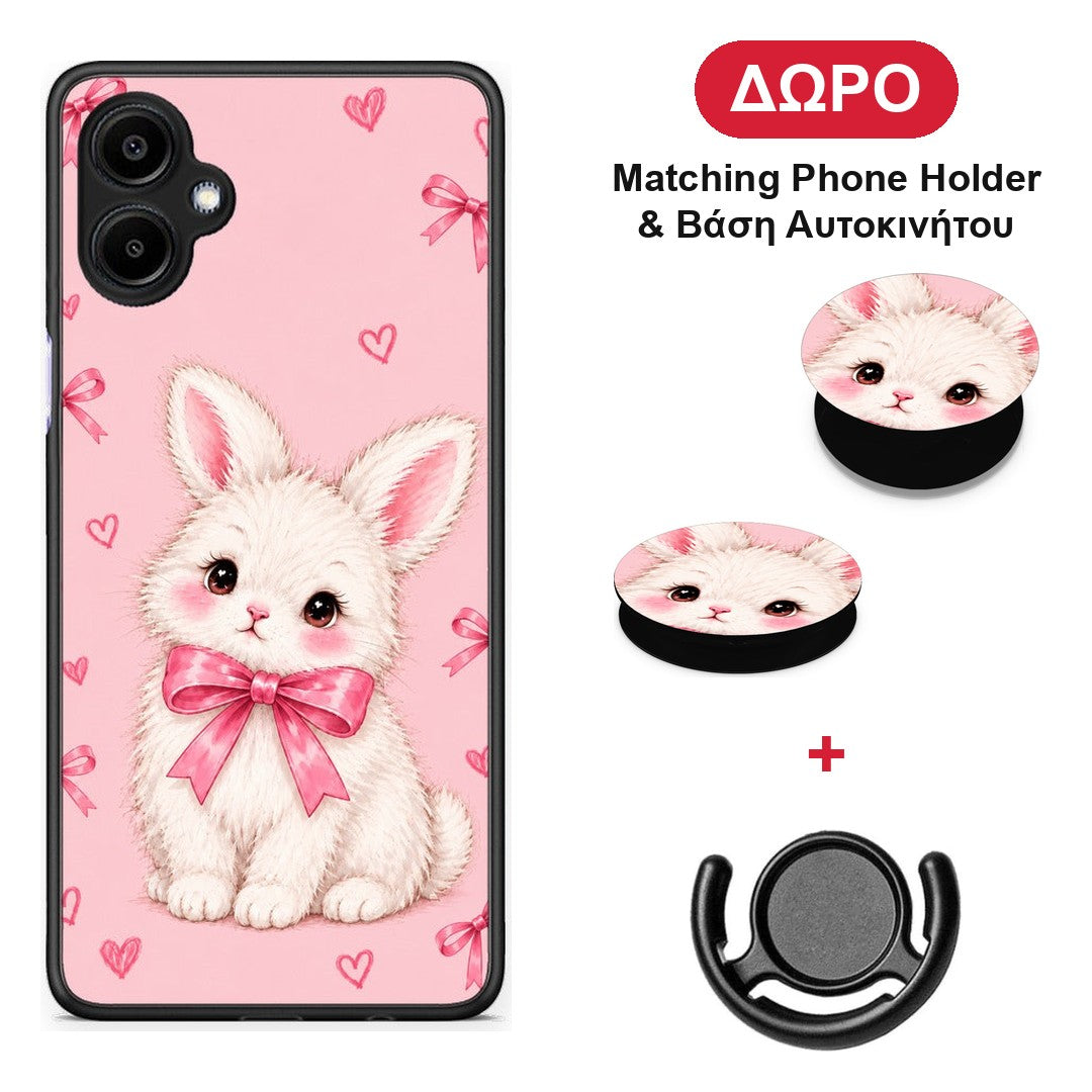 White Bunny and Pink Bows - Samsung Galaxy A06 θήκη + Δώρο Phone Holder & Βάση Αυτοκινήτου