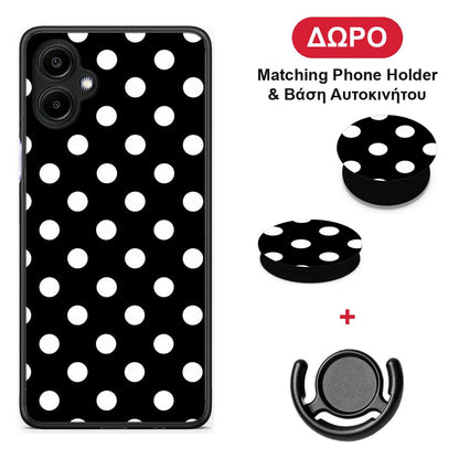 White Polka Dots on Black - Samsung Galaxy A06 θήκη + Δώρο Phone Holder & Βάση Αυτοκινήτου