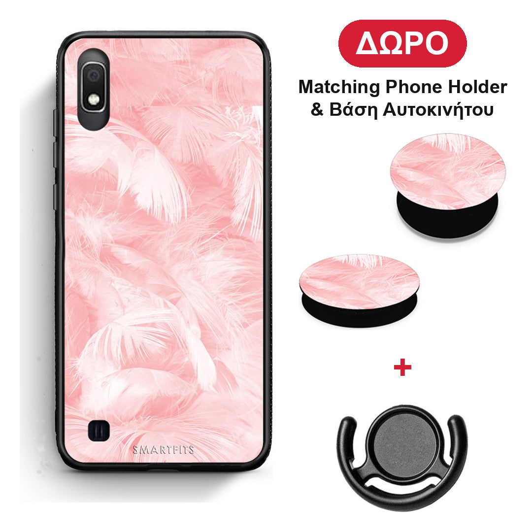 Boho Pink Feather - Samsung Galaxy A10 θήκη + Δώρο Phone Holder & Βάση Αυτοκινήτου