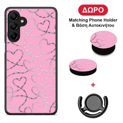 Barbed Wire Hearts on Pink - Samsung Galaxy A15 4G / 5G θήκη + Δώρο Phone Holder & Βάση Αυτοκινήτου