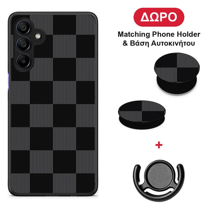 Black and Charcoal Striped Checks - Samsung Galaxy A15 4G / 5G θήκη + Δώρο Phone Holder & Βάση Αυτοκινήτου