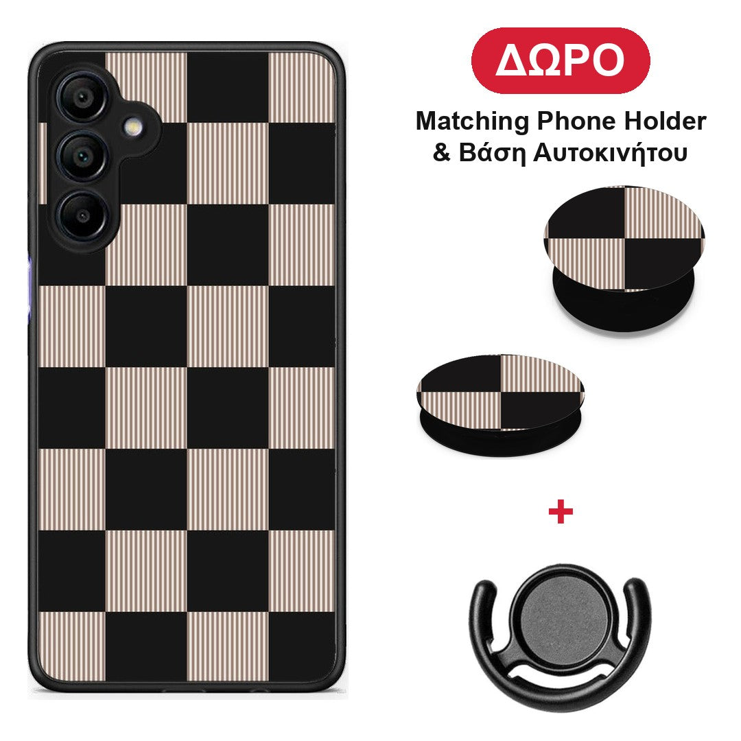 Black and Taupe Striped Checks - Samsung Galaxy A15 4G / 5G θήκη + Δώρο Phone Holder & Βάση Αυτοκινήτου