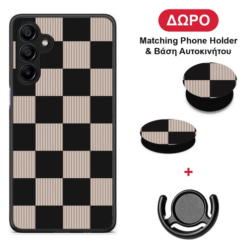 Black and Taupe Striped Checks - Samsung Galaxy A15 4G / 5G θήκη + Δώρο Phone Holder & Βάση Αυτοκινήτου