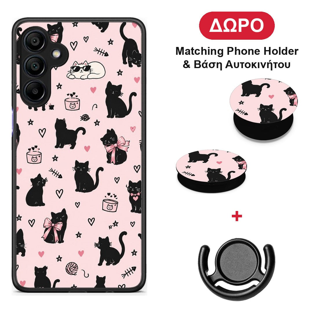 Black Cat Doodles on Pink - Samsung Galaxy A15 4G / 5G θήκη + Δώρο Phone Holder & Βάση Αυτοκινήτου