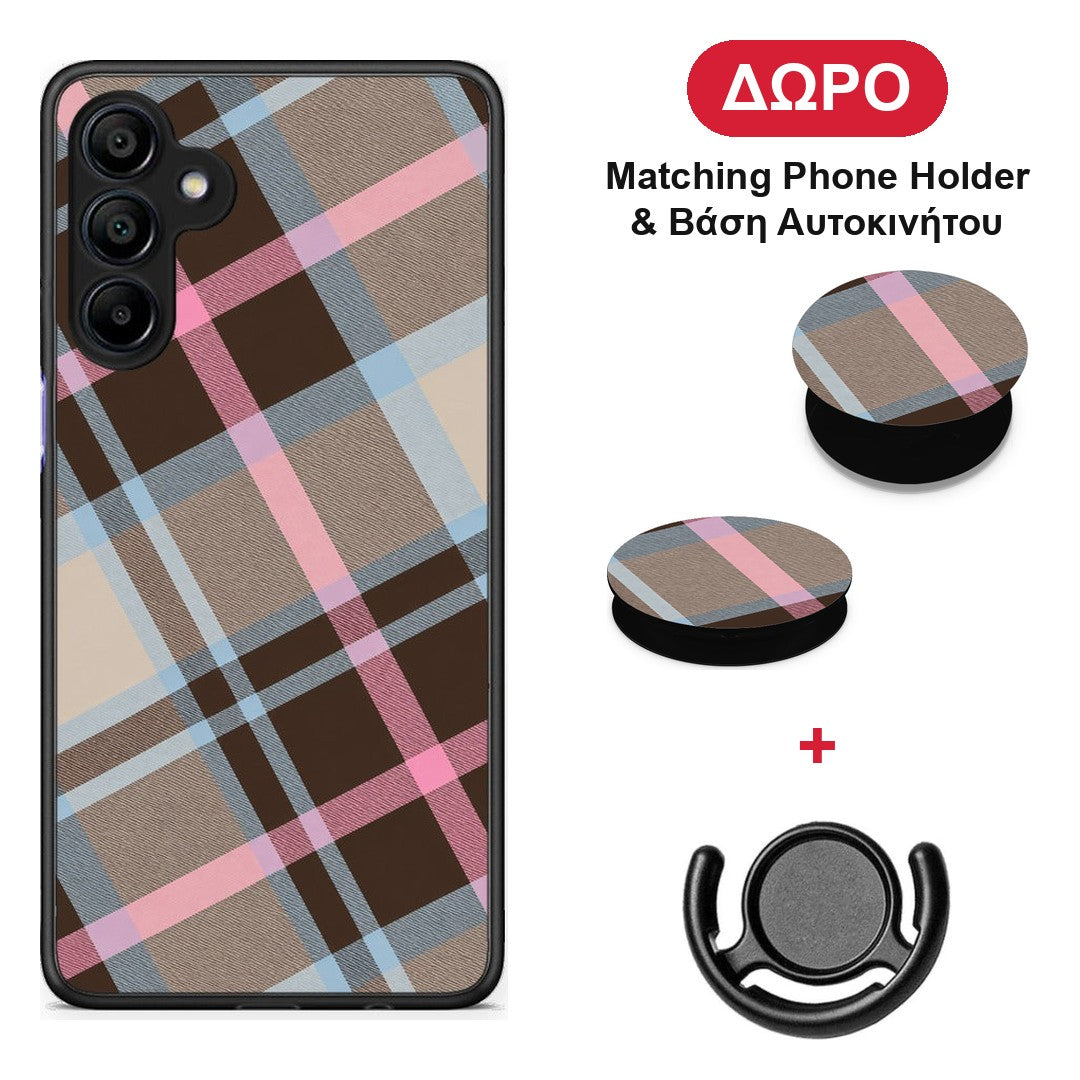 Brown Pink and Blue Diagonal Plaid - Samsung Galaxy A15 4G / 5G θήκη + Δώρο Phone Holder & Βάση Αυτοκινήτου