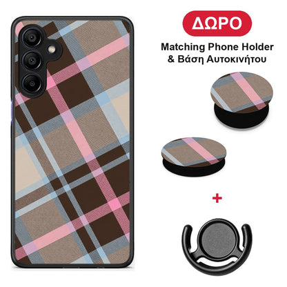Brown Pink and Blue Diagonal Plaid - Samsung Galaxy A15 4G / 5G θήκη + Δώρο Phone Holder & Βάση Αυτοκινήτου