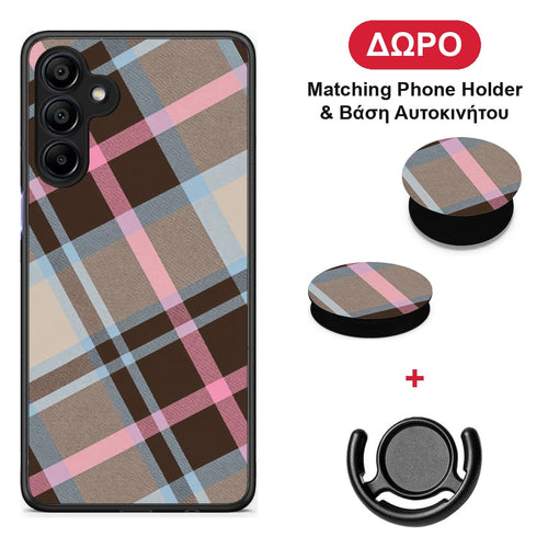 Brown Pink and Blue Diagonal Plaid - Samsung Galaxy A15 4G / 5G θήκη + Δώρο Phone Holder & Βάση Αυτοκινήτου