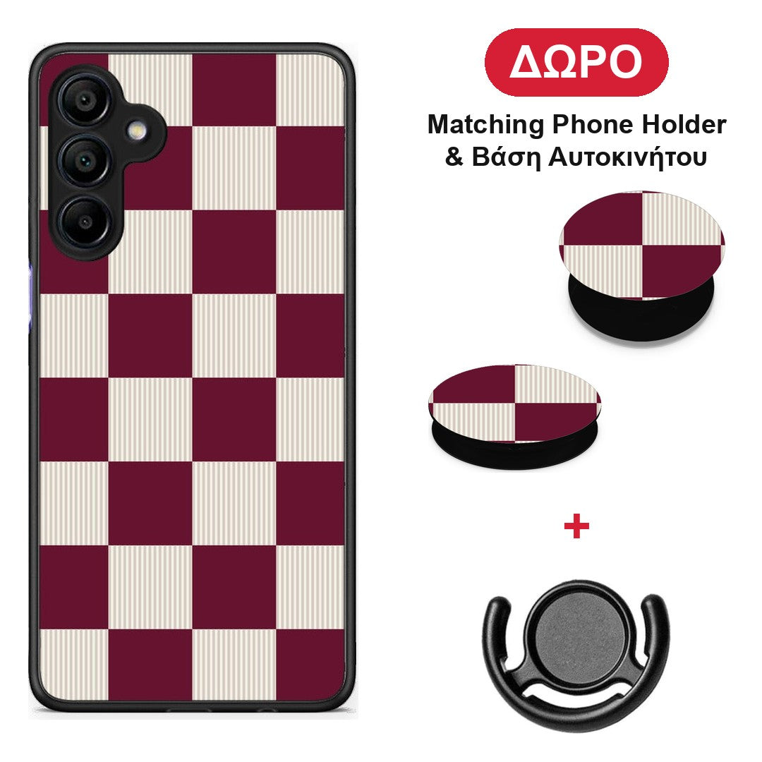 Burgundy and Cream Striped Checks - Samsung Galaxy A15 4G / 5G θήκη + Δώρο Phone Holder & Βάση Αυτοκινήτου