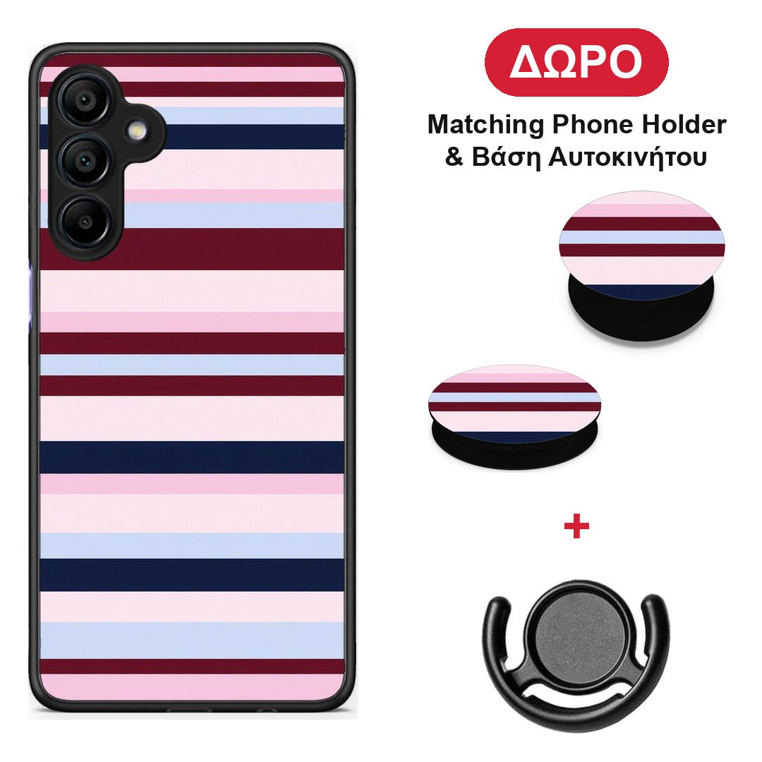 Burgundy Pink and Blue Horizontal Stripes - Samsung Galaxy A15 4G / 5G θήκη + Δώρο Phone Holder & Βάση Αυτοκινήτου