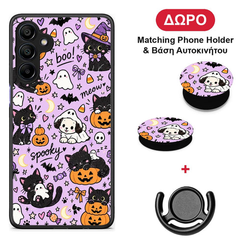 Halloween Black Cats on Lilac - Samsung Galaxy A15 4G / 5G θήκη + Δώρο Phone Holder & Βάση Αυτοκινήτου