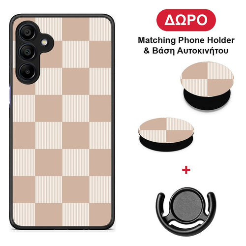 Latte and Cream Striped Checks - Samsung Galaxy A15 4G / 5G θήκη + Δώρο Phone Holder & Βάση Αυτοκινήτου