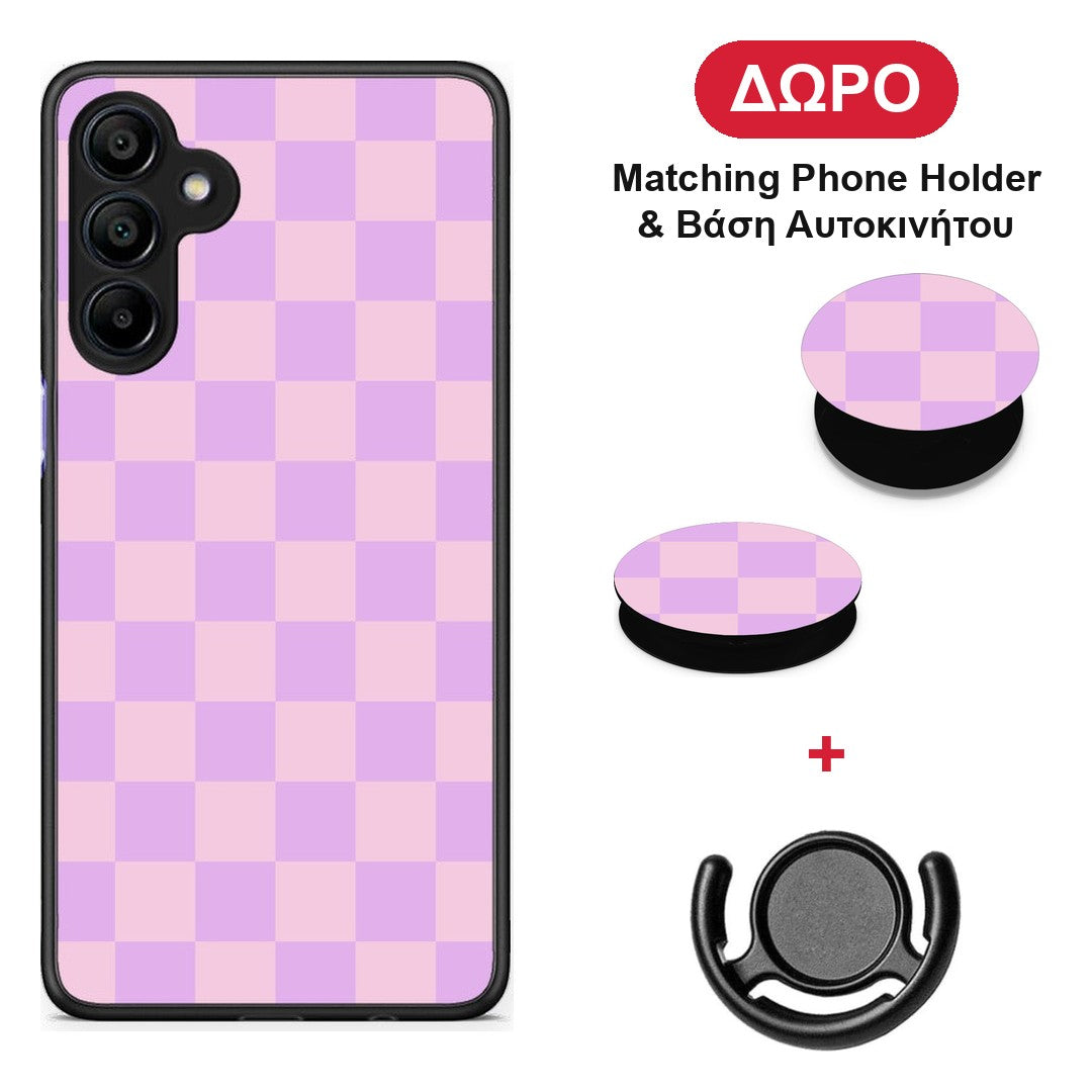 Lavender and Pink Checkerboard - Samsung Galaxy A15 4G / 5G θήκη + Δώρο Phone Holder & Βάση Αυτοκινήτου