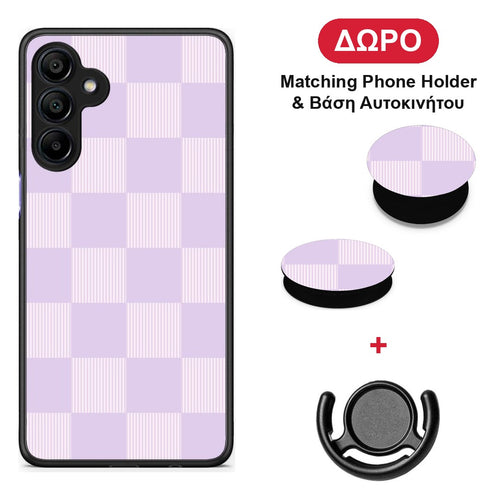 Lilac and Cream Striped Checks - Samsung Galaxy A15 4G / 5G θήκη + Δώρο Phone Holder & Βάση Αυτοκινήτου