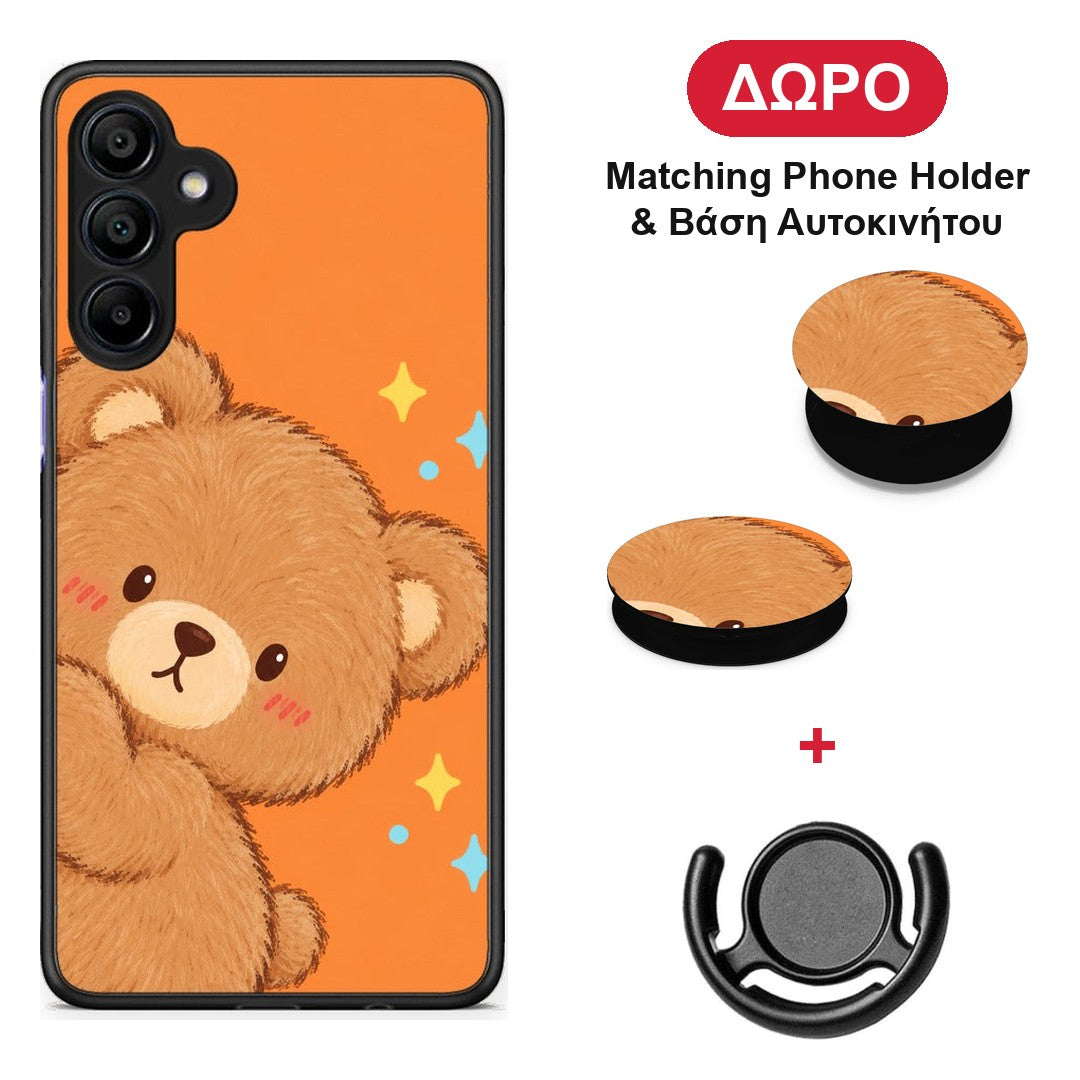 Peekaboo Teddy on Orange - Samsung Galaxy A15 4G / 5G θήκη + Δώρο Phone Holder & Βάση Αυτοκινήτου