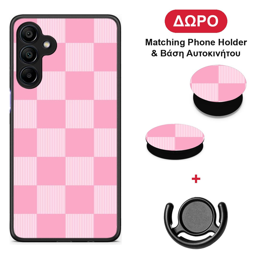 Pink and White Striped Checks - Samsung Galaxy A15 4G / 5G θήκη + Δώρο Phone Holder & Βάση Αυτοκινήτου
