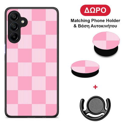 Pink and White Striped Checks - Samsung Galaxy A15 4G / 5G θήκη + Δώρο Phone Holder & Βάση Αυτοκινήτου