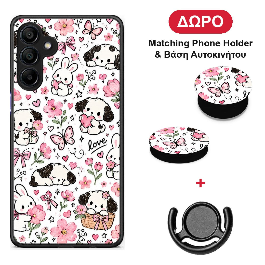 Pink Florals Puppies and Bunnies on White - Samsung Galaxy A15 4G / 5G θήκη + Δώρο Phone Holder & Βάση Αυτοκινήτου