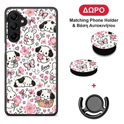 Pink Florals Puppies and Bunnies on White - Samsung Galaxy A15 4G / 5G θήκη + Δώρο Phone Holder & Βάση Αυτοκινήτου