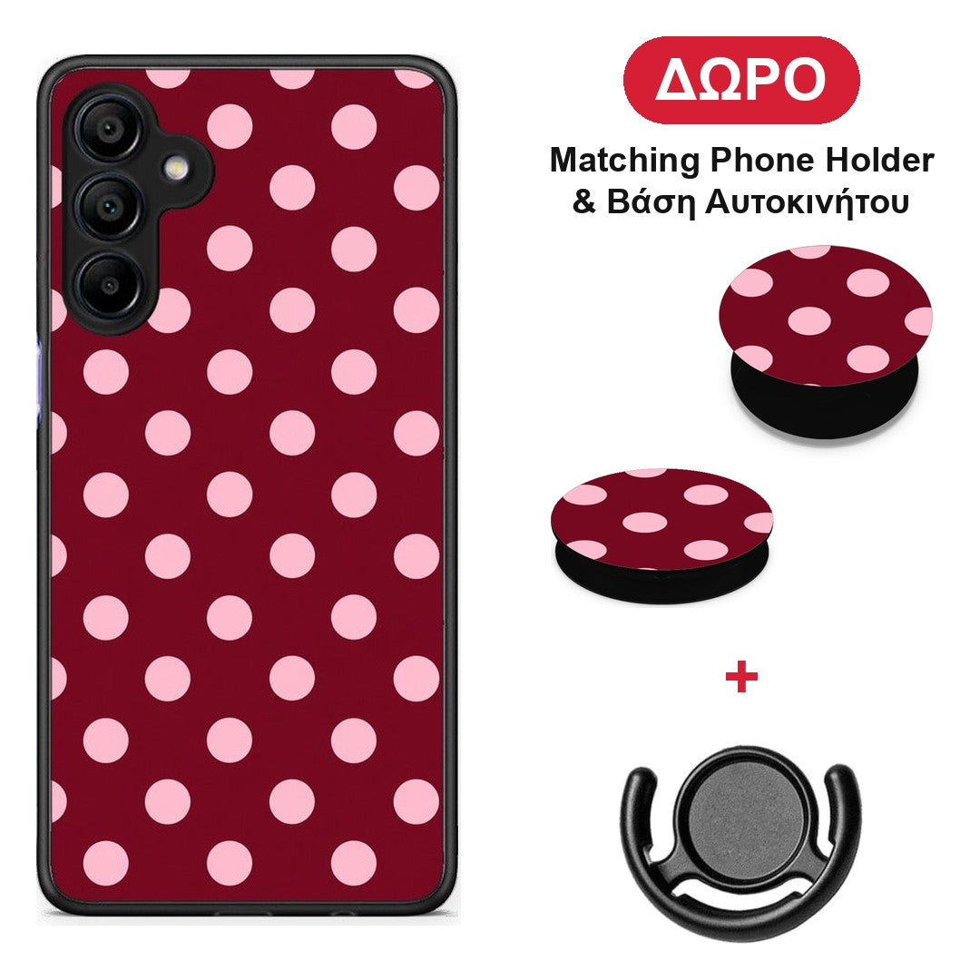 Pink Polka Dots on Burgundy - Samsung Galaxy A15 4G / 5G θήκη + Δώρο Phone Holder & Βάση Αυτοκινήτου