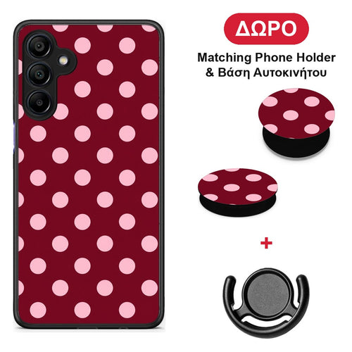 Pink Polka Dots on Burgundy - Samsung Galaxy A15 4G / 5G θήκη + Δώρο Phone Holder & Βάση Αυτοκινήτου