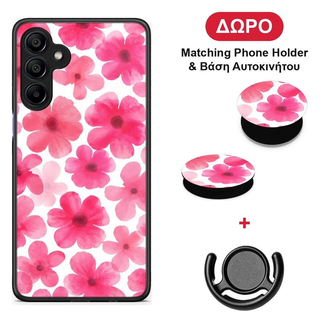 Pink Watercolour Flowers on White - Samsung Galaxy A15 4G / 5G θήκη + Δώρο Phone Holder & Βάση Αυτοκινήτου