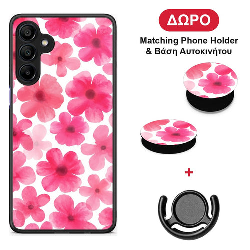 Pink Watercolour Flowers on White - Samsung Galaxy A15 4G / 5G θήκη + Δώρο Phone Holder & Βάση Αυτοκινήτου