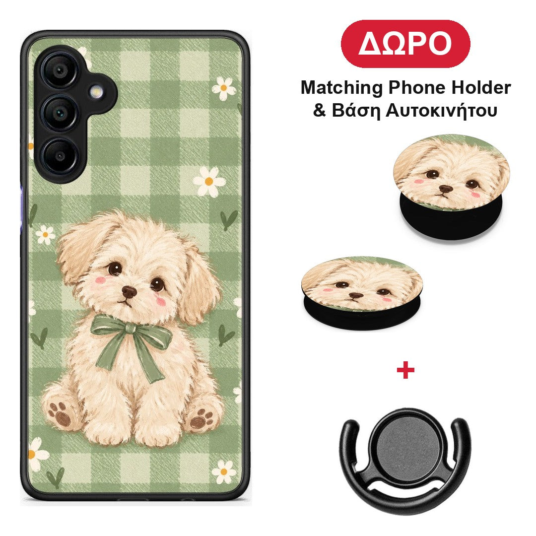 Puppy and Daisies on Sage Gingham - Samsung Galaxy A15 4G / 5G θήκη + Δώρο Phone Holder & Βάση Αυτοκινήτου