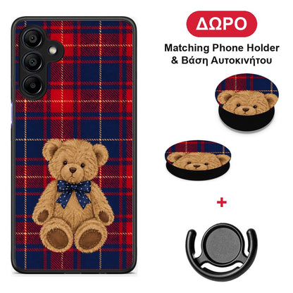 Teddy Bear on Red and Navy Tartan - Samsung Galaxy A15 4G / 5G θήκη + Δώρο Phone Holder & Βάση Αυτοκινήτου