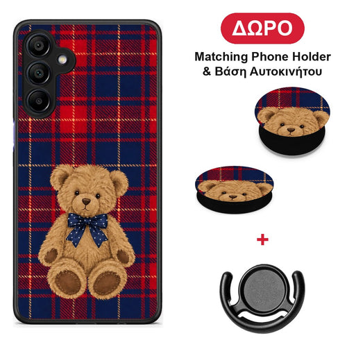 Teddy Bear on Red and Navy Tartan - Samsung Galaxy A15 4G / 5G θήκη + Δώρο Phone Holder & Βάση Αυτοκινήτου