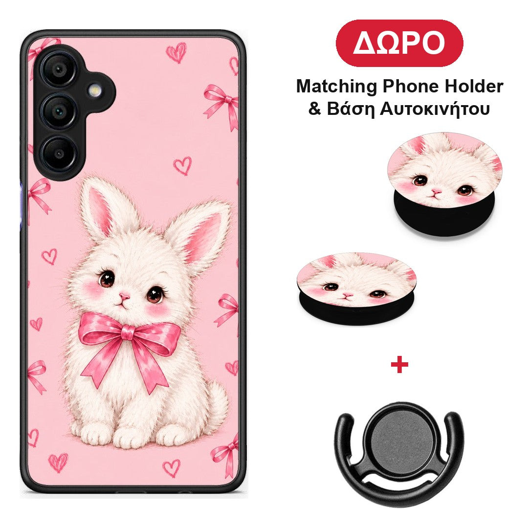White Bunny and Pink Bows - Samsung Galaxy A15 4G / 5G θήκη + Δώρο Phone Holder & Βάση Αυτοκινήτου