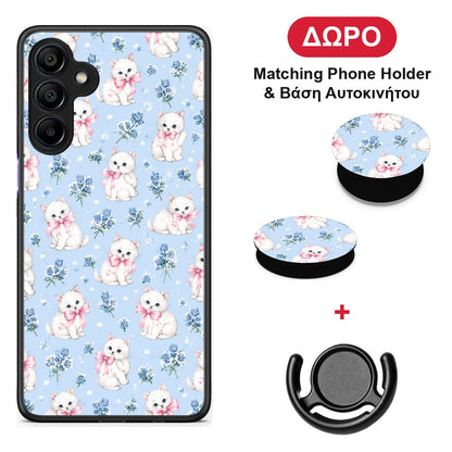 White Kittens and Blue Flowers Small - Samsung Galaxy A15 4G / 5G θήκη + Δώρο Phone Holder & Βάση Αυτοκινήτου