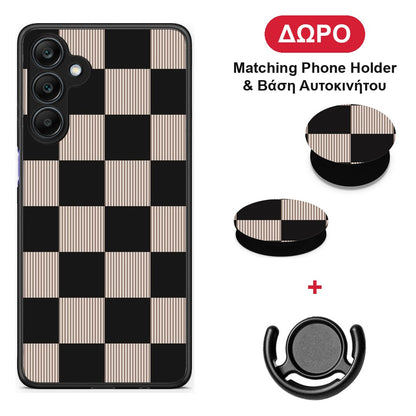 Black and Taupe Striped Checks - Samsung Galaxy A25 5G θήκη + Δώρο Phone Holder & Βάση Αυτοκινήτου