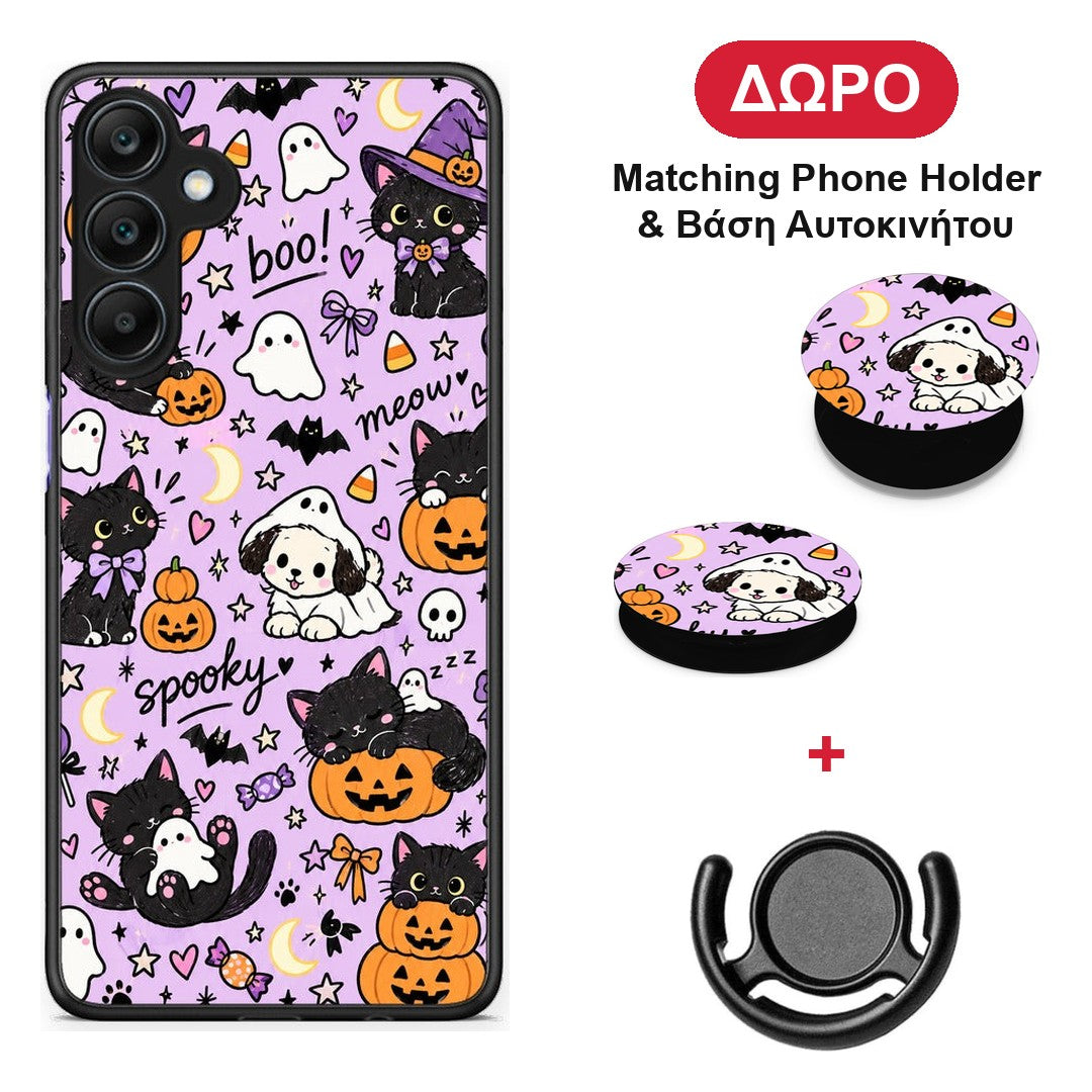 Halloween Black Cats on Lilac - Samsung Galaxy A25 5G θήκη + Δώρο Phone Holder & Βάση Αυτοκινήτου