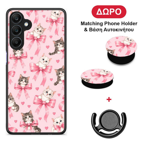 Kittens and Pink Bows on Pink - Samsung Galaxy A25 5G θήκη + Δώρο Phone Holder & Βάση Αυτοκινήτου