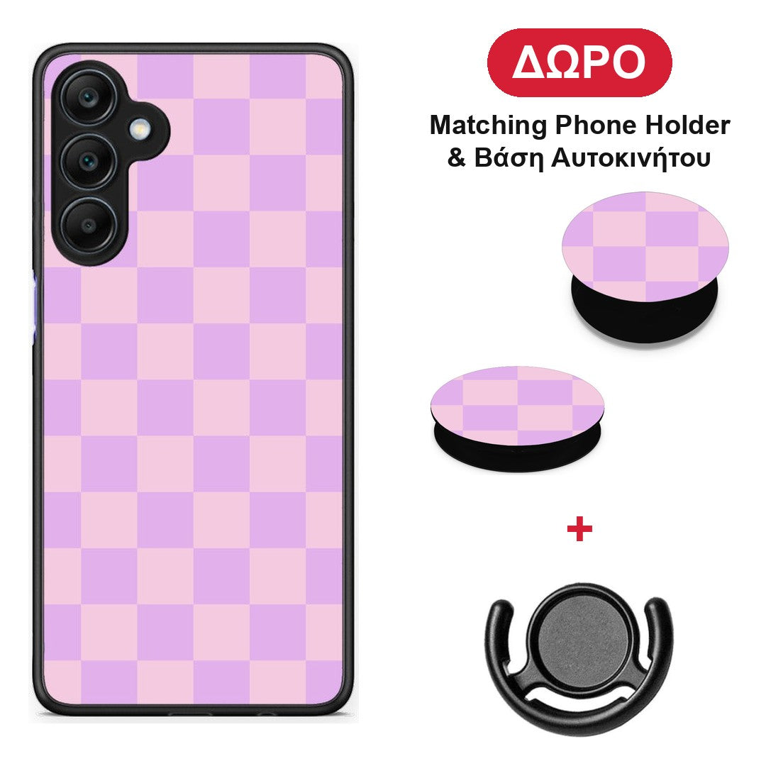 Lavender and Pink Checkerboard - Samsung Galaxy A25 5G θήκη + Δώρο Phone Holder & Βάση Αυτοκινήτου